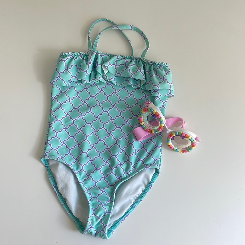 Copper Key Light Turquoise Sea Blue & Purple One-Piece Girls Swimsuit - Size 5